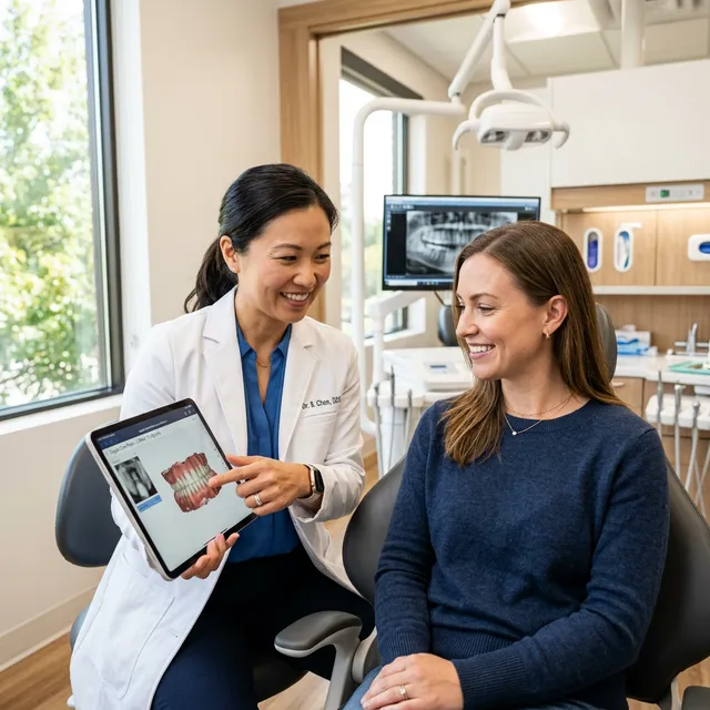 Zahnarzt berät Patient mit Tablet